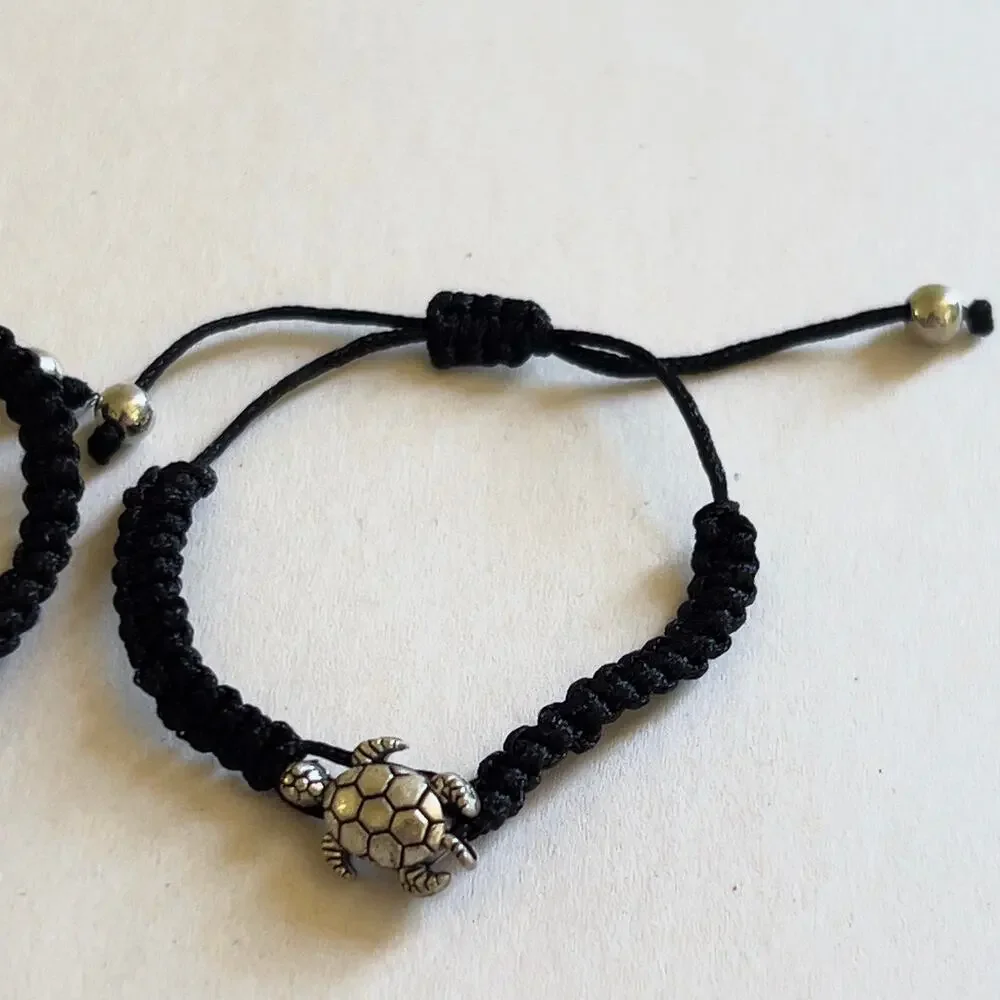 Turtle Black Adjustable Bracelet Silver Tone Charm Children's Size Handmade